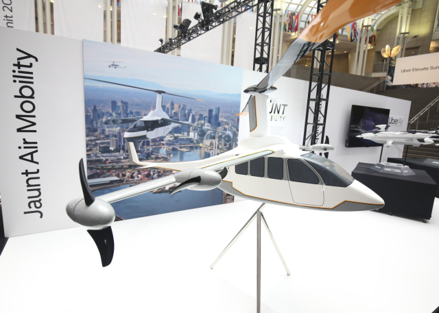 Jaunt Air Mobility’s eVTOL concept on display at the Uber Elevate Summit in June. Jaunt is one of the Uber Elevate vehicle partners using Price Cost Analytics. Photo by Tasos Katopodis/Getty Images for Uber Elevate